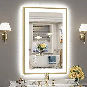 24x36 Gold LED Bathroom Mirror with Lights, Brushed Gold Framed Backlit and Front Lit Anti-Fog Lighted Vanity Mirrors for Bathroom Wall, Dimmable, 3 Colors, Memory, HD Tempered Glass, CRI90