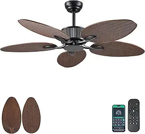 Wiviniya 50 Inch Tropical Ceiling Fan no Light, Palm Leaf Waterproof Outdoor Ceiling Fans for Patios Porch, Remote/APP Control, Wet Rated, 6 Speeds, Reversible Quiet DC Motor, Dark Brown