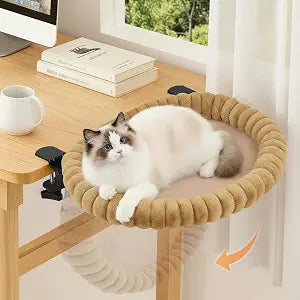 Pawow Large Cat Desk Bed, 90 Foldable Space-Saving & Sturdy Dual-Clamp, 2 Washable Covers(Faux Fur & Mesh), Metal Frame, Supports up to 40 Lbs, Pet Perch Desktop Hammock for Small to Large Cats