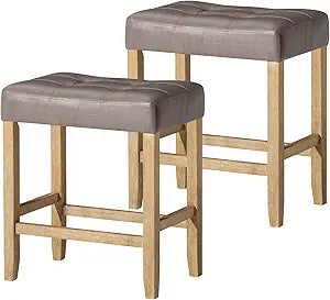 Carte: A La Carte Home Harper 26 Inch Tall Counter Height Backless Stool in Weathered Oak Finish, Distressed Grey Vegan Leather Upholstered Seat, Set of 2