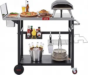Feasto Outdoor Prep Table with One-Piece Integrated Topping Station, Food-Grade Stainless Steel Tabletop, Pizza Oven Table with Lockable Wheels for Backyard BBQ & Party