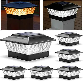 SIEDiNLAR Solar Post Lights Outdoor 12 LEDs 4 Modes Post Cap Light for 4x4 5x5 6x6 Vinyl Wooden Deck Fence Posts Patio Garden Decor, Warm/Cool White Dynamic Lighting (6 Pack, Black)