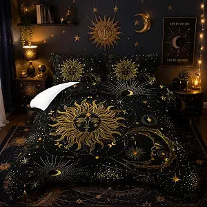Nttopship Sun and Moon Bedding Comforter Set for Kids Teens and Adults Mysterious Galaxy Theme Printed Quilt Set for Bedroom 100% Soft Microfiber Print Quilt Set with 1 Comforter and 2 Pillow Case