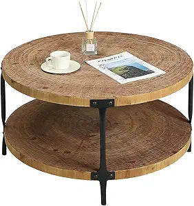 Awescuti Round Boho Wood Coffee Table - 29.1" Farmhouse Natural Circle Wooden 2-Tier Coffee Tables Living Room Furniture, 29.1" D x 18.3" H, Natural Wood Color