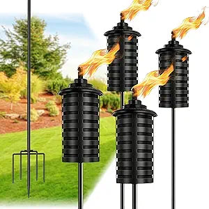 ZSZMFH Upgraded Citronella Torches for Outside Set of 4, 16 Oz Outdoor Garden Torches with 5-Prong Grounded Stake, 60 Inch Metal Torch for Garden Dcor, Backyard, Patio, Pathway, Party