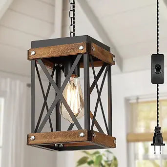 Rustic Farmhouse Plug in Pendant Light Fixture with Adjustable Chain, Oak Wood and Metal Lantern Cage Mini Hanging Lamp for Kitchen Island Living Room Hallway Farmhouse Bar, Black