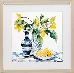 Lemons and Leaves Table Setting, 13 x 13 Inch Framed Print Under Glass