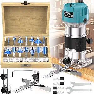 TwoWin Router Tool, 110V 800W Compact Wood Router Tool for Woodworking, Electric Hand Trimmer 1/4" Collets Palm Wood Router Tools Laminate Trimmer + Tungsten Carbide Router Bits 15-Piece Set
