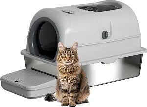 Low Entry High Sided Large Enclosed Cat Litter Box, Stainless Steel Litter Pan with Lid, 3-in-1 Covered Design with Pedal, 23.6x16x15.8 Inch, for Senior Kittens & Multiple CatsLight Gray