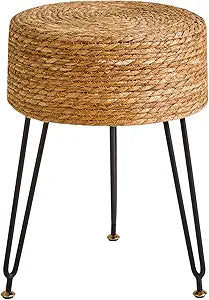 YMYNY Pouf Ottoman, Handmade Natural Water Hyacinth, Pastoral Style Footrest, Footstool with 4 Metal Legs Round Vanity Stool for Bedroom, Hallway, Living Room 12.59"L12.59"W17.71"H Natural UHBD029N