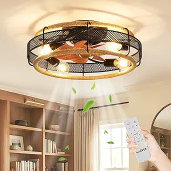 20.5 in Farmhouse Rattan Caged Ceiling Fan with Light, Flush Mount Enclosed Ceiling Fan Light Combo with 6 Speeds, Remote Control & Low Profile for Bedroom Living Room Kitchen
