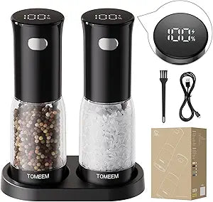 TOMEEM Electric Salt and Pepper Grinder Set  Rechargeable with LED Power Indicator, 5-Level Adjustable Grinding, LED Light, 4.5oz Large Capacity Salt and Pepper Shakers with Storage Base