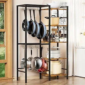 5-Tier Pot and Pan Organizer Rack with Hooks, Heavy-Duty Kitchen Storage Shelf for Cookware, Dishes, and Utensils, Freestanding Metal Pot Rack Organizer for Kitchen, Pantry, or Dining Room