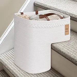 Woven Stair Basket, Stair Baskets for Wooden Stairs, Carpeted Stairs Storage Basket with Handles, Staircase Baskets for Toys, Books, White, 15 L x 10 W x 15 H