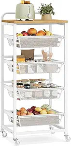VASAGLE Storage Rolling Cart with Pull-Out Baskets, 5-Tier Utility Cart Orgnizer with Wheels for Laundry Room, Kitchen, Handle, 12.5 x 15.8 x 37.4 Inches, Golden Oak and Matte White ULRC041YA01