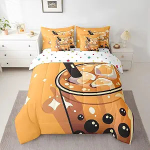 Feelyou Boba Tea Twin Comforter Set with Sheets for Kids Boys Girls Bubble Tea 7 Pieces Bedding Set Milky Bed in a Bag Drinking Room Decor Soft Lightweight Microfiber