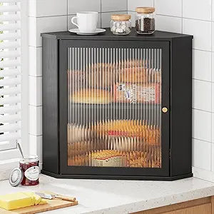 Kitsure Bread Box - 2-Tier Corner Bread Box for Kitchen Countertop with Magnetic Acrylic Door, Bamboo Kitchen Counter Organizer for Snacks, Loaves, Homemade Bread Storage, Black, 16.5" H