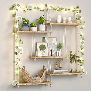 Hanging Shelves for Wall,Macrame Hanging Plant Shelf with Vine Lights 5 Tier Rope Floating Shelf Wood Organizer Storage Rack Boho Wall Decor Aesthetic for Succulents Bedroom Bathroom Kitchen