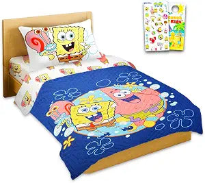 Spongebob Twin Bedding Set Underwater Vibes - Bundle of Spongebob Bedspread, Flat Sheet, Fitted Sheet, Pillowcase, Stickers, More | Room Decor