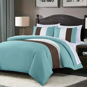 Chezmoi Collection Briar 7-Piece Full Bed in a Bag - All Season Lightweight Microfiber Comforter Set - Includes Sheets & Shams - Blue/Brown/Beige Pleated Stripe Design