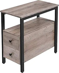 HOOBRO End Table, Narrow Chairside Table with Drawer and Open Storage Shelf, Nightstand for Small Spaces, Stable and Sturdy Construction, Wooden Look Accent Furniture, Greige and Black BG548BZ01G2