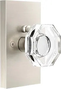 Brushed Nickel Door Knobs Crystal Door Knob Interior with Lock, Privacy Octagon Glass Door Knob for Bed and Bathroo, 1 Pack