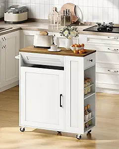 CHOEZON Kitchen Island Cart with Storage, Kitchen Cabinet, Mobile Kitchen Island, Storage Trolley for Kitchen with Hidden Trash Bin Cabinet, for Dining Room, White and Walnut MZD06WL