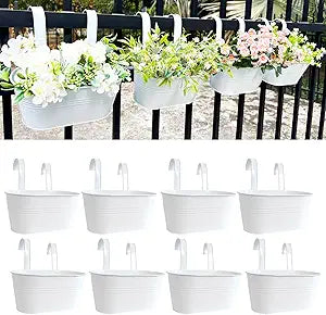 10" Hanging Flower Pots, Pack of 8 White Metal Outdoor Patio Balcony Planter, Railing Planters Fence Pot with Detachable Hook & Drainage Hole for Small Plants (White, 8Pcs)