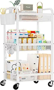 YASONIC 3 Tier Rolling Cart  Metal Utility Storage Carts with Wheels, Craft Carts Organizer with Hanging Cups, Hooks, Mesh Basket for Bedside Kitchen Office Art, White