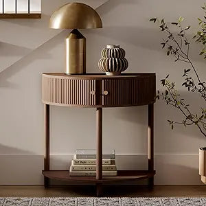 Stead Fluted Half Moon Shaped Console Table - Small Entry Desk - Living Room Furniture - Modern Home Decor - Solid Wood Entryway Table with Two Doors and Brass Knobs (Walnut)