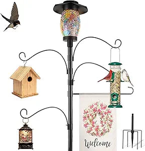 4-Hook Solar Shepherds Hooks for Outdoor,Heavy Duty 80 Inch Bird Feeder Pole with 5 Prongs Base|Flag Holder|Solar Lights,Adjustable Garden Hook for Hanging Flower Basket,Lantern,Bird Nests