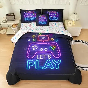 NINENINE Gaming Bedding Sets for Boys, 6PCS Twin Bedding Sets for Boys, Gaming Comforter Sets for Kids (1Comforter,1Flat Sheet,1Fitted Sheet,1Cushion Cover,2Pillowcases)