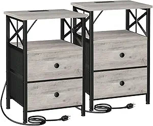 AMHANCIBLE Night Stand Set 2, Nightstand with Charging Station, Small Bedside Table with 2 Fabric Drawers, End Tables Living Room with USB C Ports for Bedroom, Greige HET05XGY