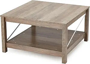 JOMEED 31.5 Inch Square Coffee Table with Bottom Storage Shelf, Modern Farmhouse Style Living Room Office Accent Table Furniture, Beige