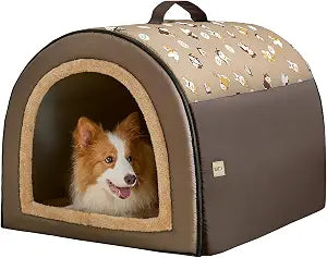 Jiupety 2 in 1 Dog House Indoor, Comfy Cave Bed Covered Dog Bed, Portable House for Medium and Large Dogs, 2XL(35"27"26"), Up to 70 Lb, Brown