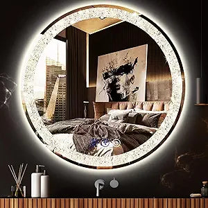 24 Inch Crystal LED Round mirror with Lights 3 Color Smart Memory Adjustable Brightness Frontlit AntiFog 24 Diamond Crystal Circle Round Lighted Vanity Mirror for Bathroom Makeup Wall Mounted