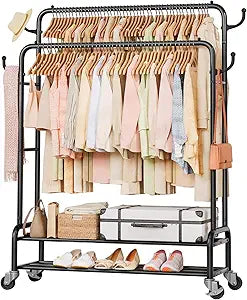 Homde Heavy Duty Clothes Rack: 265lb Rolling Double Rod Garment Hanging - Metal Coat Organizer Storage Display Shelf on Wheels for Bedroom Laundry