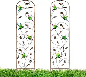 LEWIS&WAYNE 2 Pack Metal Garden Trellis with Colorful Hummingbird 60 Inch High Outdoor Decoration Arched Fence Trellis for Climbing Plants for Patio, Lawn, Yard, Backyard, Wall Brackets