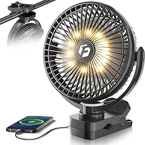 40000mAh Clip on Fan, 2-in-1 Portable Rechargeable Fan - 8 Inch USB Battery Operated Fans with Light & Screw-Clamp for Golf Cart, Desk, Tent, Travel, Gym, Treadmill, Summer Gifts, Black