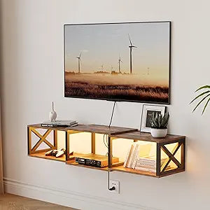 Floating TV Stand with Power Outlets,Wall-Mounted Entertainment Console with led LightFloating TV Shelf for Under TV Storage (Rustic Brown, 46" W)