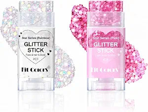 Face Glitter Stick 2 Pcs, Rainbow White+Pink Glitter for Body and Hair