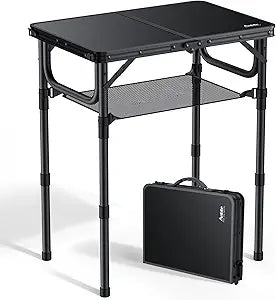 Anbte Folding Camping Table with Storage Net, Pure Black Aluminum 2ft Picnic Table 23.2" x 16" Outdoor Table Adjustable Height Max 27.5", Lightweight, Waterproof, Portable Handle for Travel Cooking