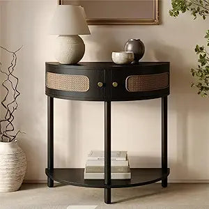 Stead Rattan Half Moon Shaped Small Entry Table, Console Desk with Storage for Narrow Spaces, Modern Home Decor, Cane Console Table, Solid Wood Entryway Desk with Two Doors & Brass Knobs (Black Oak)