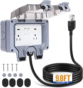 Outdoor Power Outlet,Outdoor Extension Cord Waterproof Double Wall Outlet Extender with On-Off Switch and Indicator LightExterior Electric External Power Outlet,Outside Outlet (9.8FT)