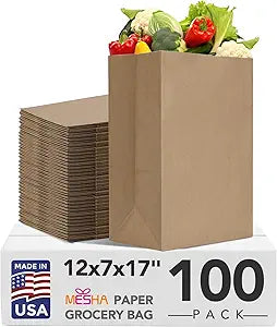 MESHA Paper Grocery Bags 12 x 7 x 17 Inches, 100 Pack Heavy Duty 60 lb Kraft Brown Paper Bags Bulk, Large Grocery Sacks for Shopping, Takeout, Restaurant, Retail, Storage and DIY Crafts