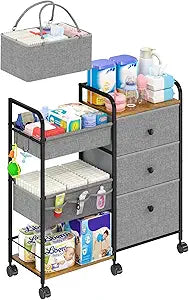 Cidaziya 2In1 Baby Diaper Caddy Organizer and Storage, 3 Tier Rolling Cart with Dividers and Drawers, Mobile Utility Cart Baby Dresser Clothes Organizer for Changing Table, Crib Nursery, Bedroom, Grey