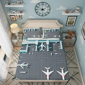 Airport Runway Fitted Sheet,Full Size Aircraft Collections,Airplane Bedding Deep Pocket for Children Teens Young with 2 Pillowcases(No Flat Sheet)