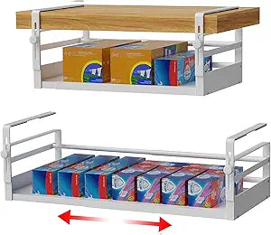 AmonHouseware 2Pack Under Shelf Basket Organizer, Adjustable Under Cabinet Shelf Storage, Hanging Holder Length Stretchable 13-21Inch for Kitchen Pantry Desk Counter Bookshelf Cupboard (White)