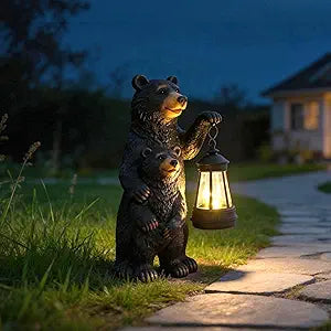 Solar Bear Garden Statue with Lantern 10 Inch Black Bear Decor Outdoor, Resin Yard Decorations, Solar Figurine Garden Decor for Patio Lawn Backyard Unique Housewarming Gifts for Women Mom