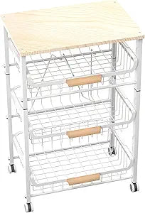 NiuYichee 4-Layer Fruit Basket Kitchen Food Storage Organizer and Storage Rack, Stackable Storage cart with Desktop, Pull-Out Hollow Metal Storage Basket, liding Out Storage,White
